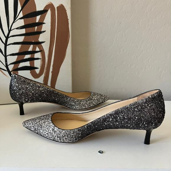Jimmy Choo Romy Silver Glitter Pointed Toe Slip On Kitten Heel Pumps Size 37 - Picture 6 of 9